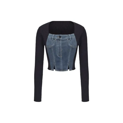 GIMING Slim Fit Denim Knit Panel Top Women's