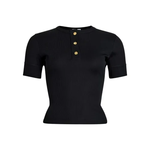 Patou Однотонный Круглый вырез Вертикальный BUTTONS Пуловер Короткий рукав T Рубашка Женская Черная