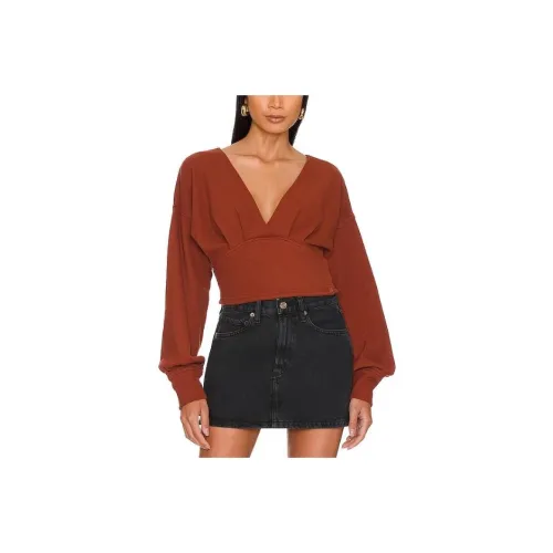 FREE PEOPLE Фонарик-рукав Т-рубашка Женская Бордовая