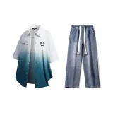 Комплект (Белая Зеленая Рубашка + Темно-Синие Джинсы)