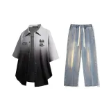 Set (Gray Black Shirt + Vintage Blue Jeans)  
Комплект (Серая Черная Рубашка + Винтажные Синие Джинсы)