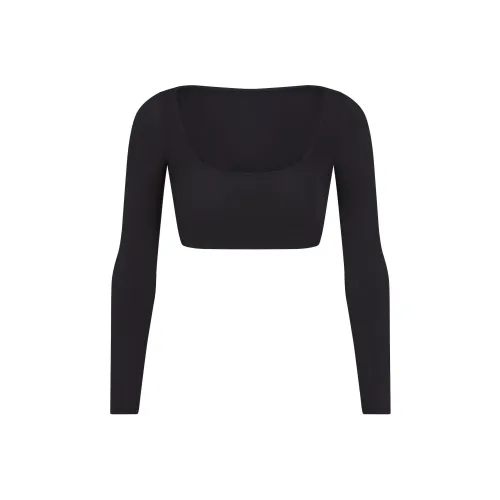 SKIMS Хлопок Джерси Супер Укороченный Длинный Рукав Кроп Топ Женский Onyx Onyx