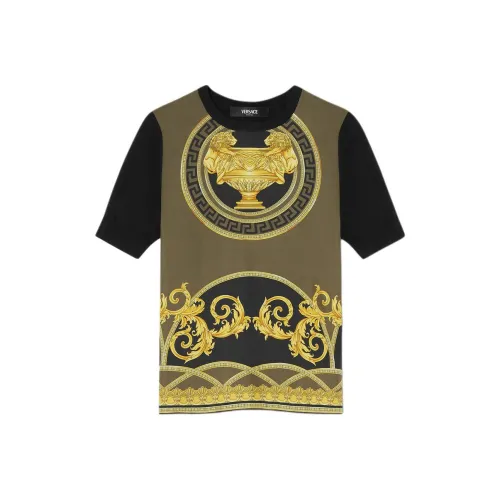 VERSACE Пэчворк с логотипом круглый вырез пуловер короткий рукав рубашка женский черный