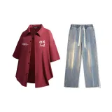 Set (Burgundy Shirt + Vintage Blue Jeans)  
Комплект (Бордовая рубашка + Винтажные синие джинсы)