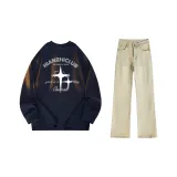 Темно-синий синий (с длинным рукавом) + желтые джинсы с эффектом грязи