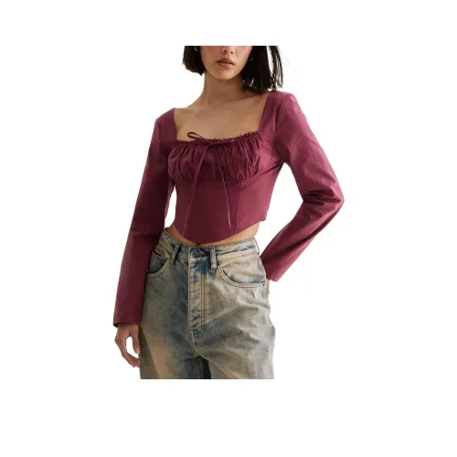 NASTY GAL Хлопок Кружевная отделка Кружево Вверх Спина Длинный рукав КОРСЕТ Топ КРАП ТОП Женский Бордовый