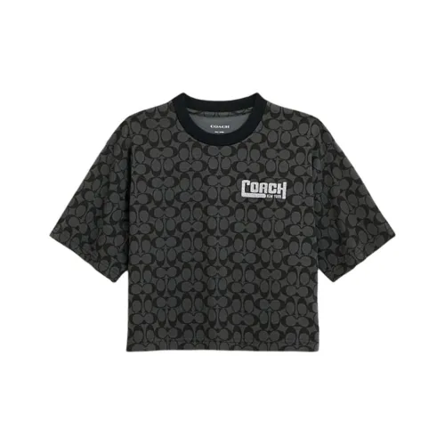 COACH Letter Logo Полный принт Повседневный Круглый вырез Укороченный Короткий рукав Т-рубашка Женская Смешанный черный
