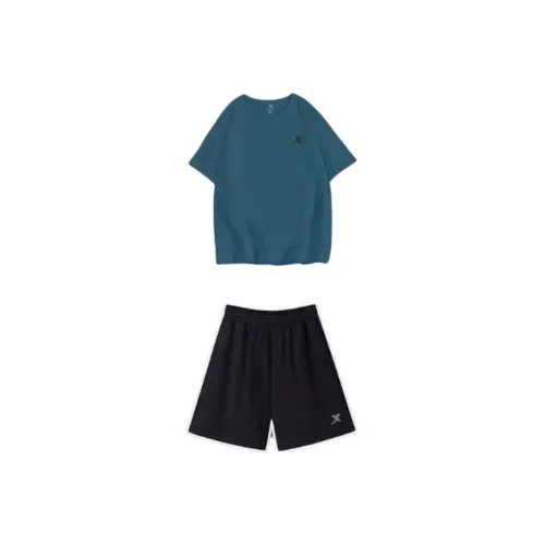 XTEP Одежда Набор Темно-зеленая Короткая рубашка с рукавами + Черные шорты Унисекс Повседневная спортивная одежда