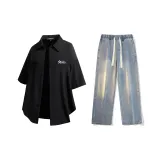 Комплект (Черная рубашка + винтажные синие джинсы)