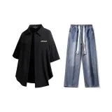 Комплект (Черная рубашка + Темно-синие джинсы)