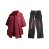 Комплект (Бордовая рубашка + черные джинсы)