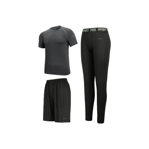 MESUCA Фитнес Комплект Мужская Одежда Комплект Черный Меланжевый Серый Топ + Черные Шорты + Черные Штаны