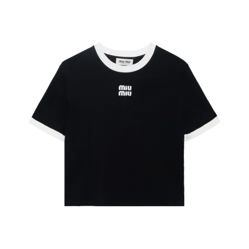 MIU MIU Letter Logo Принт Круглый вырез Короткий рукав Т-рубашка с оборванными плечами Т-рубашка Женская Черная