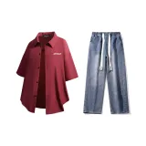 Комплект (Бургунди Рубашка + Темно-Синие Джинсы)