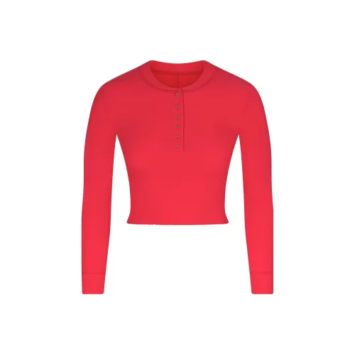 SKIMS FW23 Хлопок Rib Длинный Рукав Короткий Henley Топ Crop Женский Красный MULTI Красный