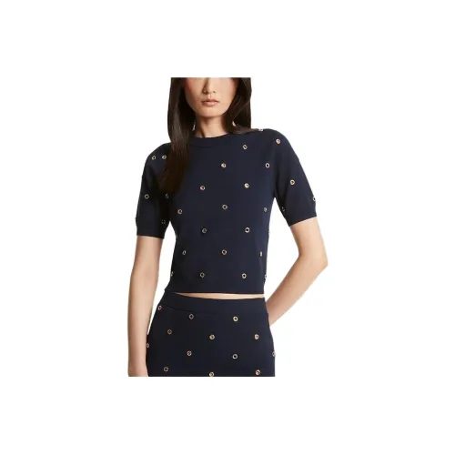 MICHAEL KORS Украшенный с громами эластичный вискозный свитер женский морской синий