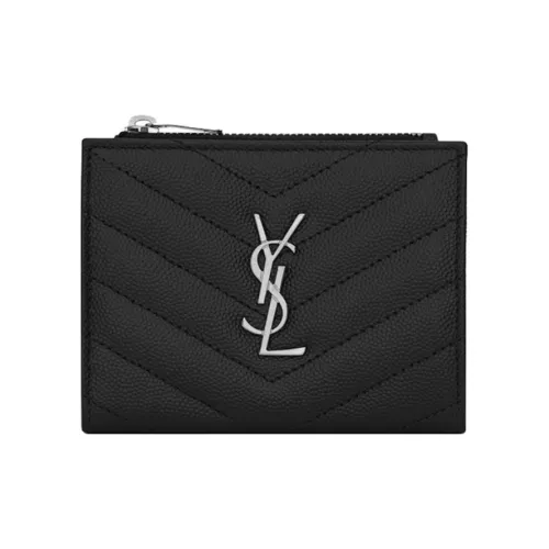 SAINT LAURENT Монограмма Телячья кожа Двойной складной держатель для карт Женские Черный