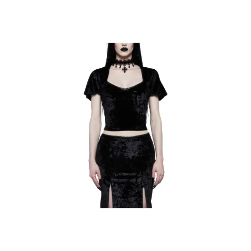 Dolls Kill Widow Time Stands Still Вельветовый Топ Черный T-Рубашка Женская Черный Черный