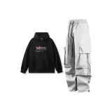 Чёрный топ + бежево-серые штаны