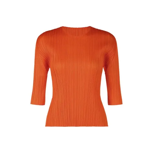 PLEATS PLEASE ISSEY MIYAKE Однотонная рубашка с круглым вырезом облегающий крой 3 4 длинный рукав женская темно-оранжевый