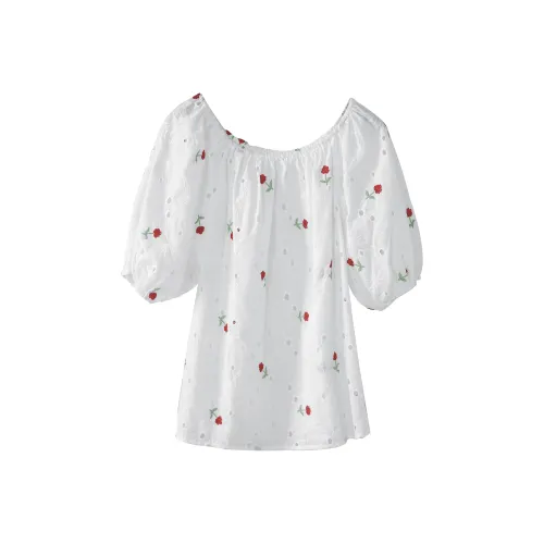 Fstudio Короткий рукав рубашка женский белый с красным цветочным узором