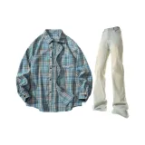 Синий клетчатый топ + желтые грязные штаны