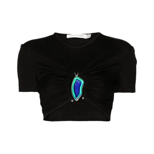 CHRISTOPHER ESBER Cut Out Детали Инкрустированный Ткань в Рубчик Укороченная Короткая Рубашка с Длинными Рукавами Женская Черная