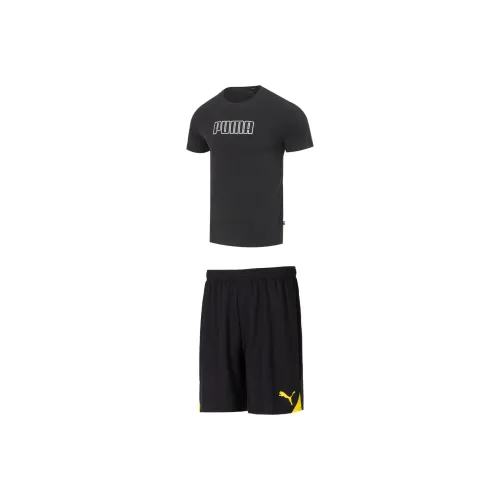PUMA Комплект Черный Короткий Рукав Рубашка + Черно-Желтые Шорты Мужские Повседневные Спортивные Одежда