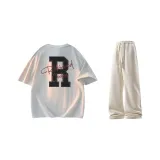 Белая футболка с серым вереском + абрикосовые штаны