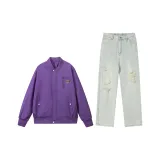 Фиолетовый топ + желтые грязные штаны