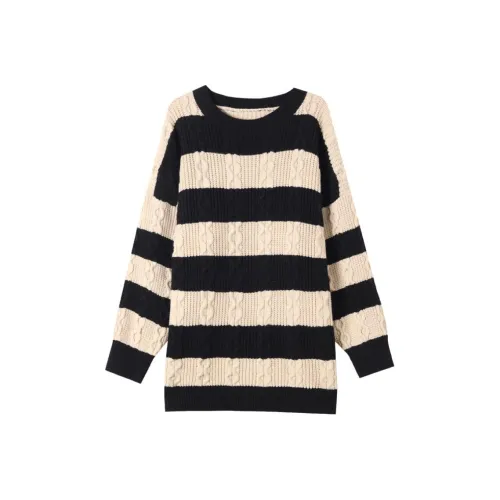 Корейский стиль Свитер Женский Бежевый с Черными полосами
