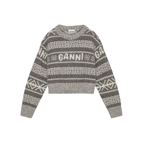GANNI FW23 Овечья шерсть Укороченный O-образный вырез Пуловер Свитер Женский Серый