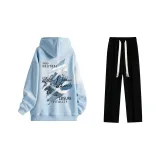 Флисовая подкладка Комплект одежды (Свитшот и толстовка Glacier Blue с флисовой подкладкой + Черные повседневные штаны с флисовой подкладкой)