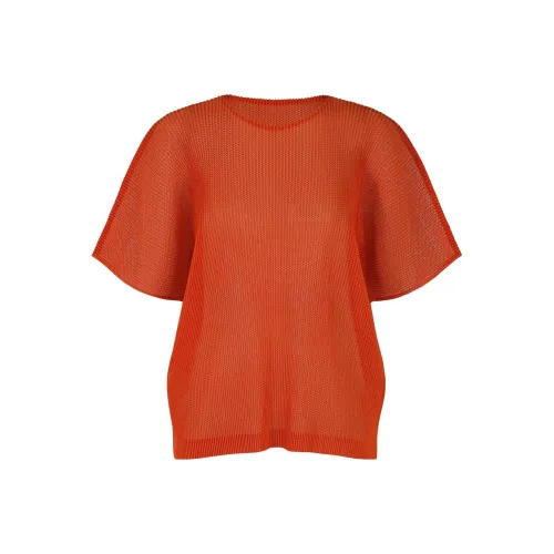 PLEATS PLEASE ISSEY MIYAKE Однотонный Круглый вырез Свободный крой Короткий рукав Рубашка T Рубашка Женская Апельсин
