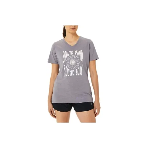 Asics Sunflower Slogan V-образный вырез T-рубашка Женская Серый