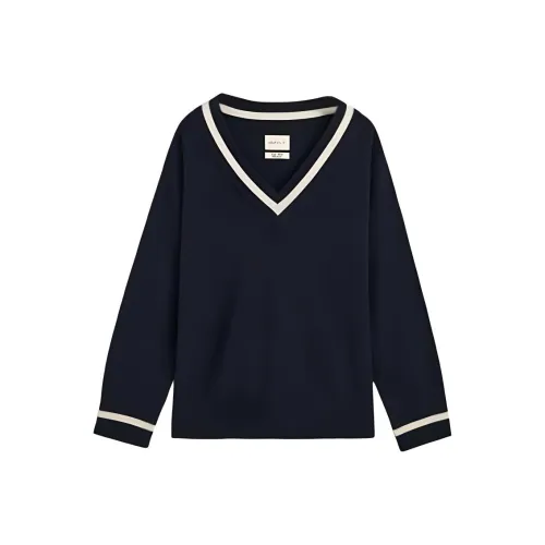 GANT Superfine Овечья шерсть Контрастный свитер с V-образным вырезом Женские Темно-синий