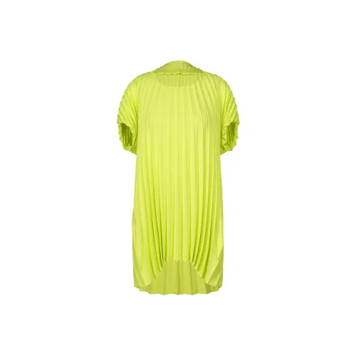 PLEATS PLEASE ISSEY MIYAKE Однотонный Плиссированный Свободный крой Круглый вырез Короткий рукав Рубашка Женская Лимон