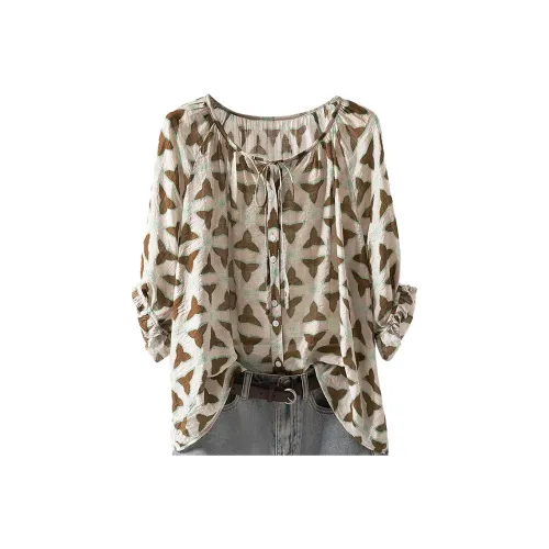 Cypress House Рубашка Женская Бежевая с Кофейно-Зеленым Цветочным