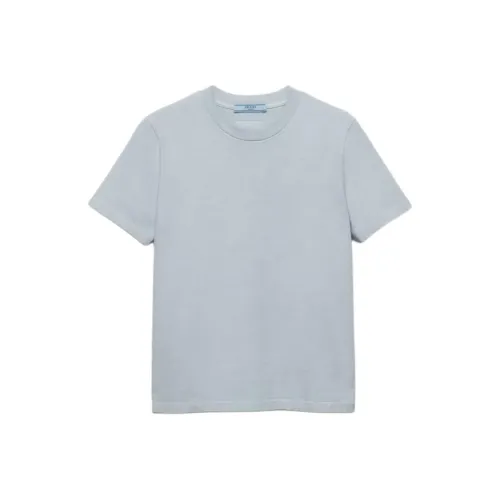 PRADA Однотонный Круглый вырез Полотняное переплетение Трикотажная ткань Короткий рукав Т-рубашка Женская Синяя