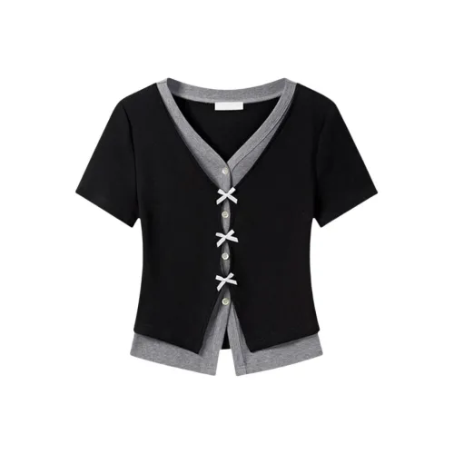 Черный [Короткий рукав] [Модный в этом году / Корейский стиль / Непритязательный стиль / Стильный и уникальный / Прохладный и элегантный / Экзотичный и очаровательный / Стильный] Женские футболки