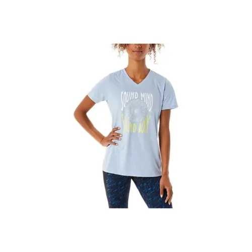 Asics Sunflower Slogan V-образный вырез T-рубашка Женская Синяя