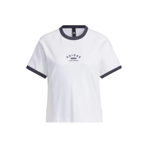 Adidas Рукав с спущенным плечом T-рубашка Женская Белый Темно-синий
