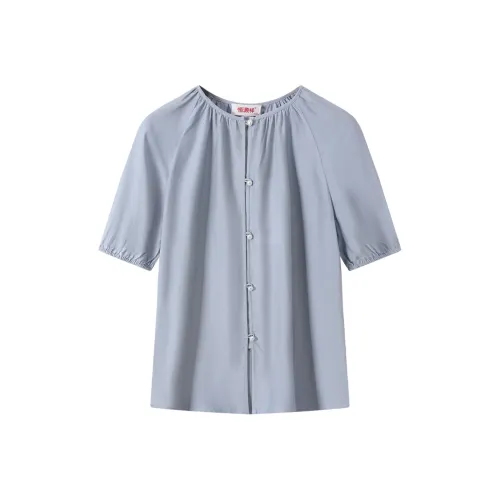 H YXIANG Рукав-буф Т-рубашка Женская Светло-синяя