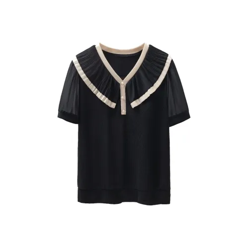 Cypress House T-рубашка Женская Черная и Бежевая с воротником-стойкой