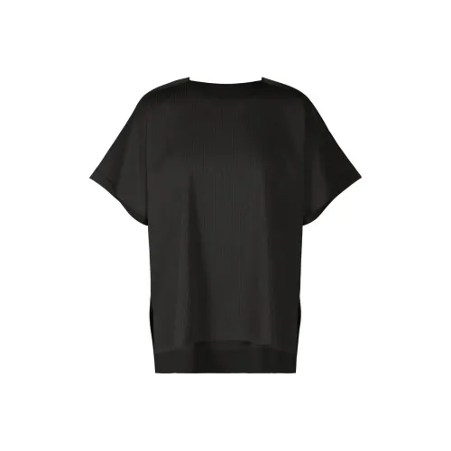 PLEATS PLEASE ISSEY MIYAKE Однотонный Круглый вырез Свободный крой Короткий рукав Рубашка T Рубашка Женская Черная