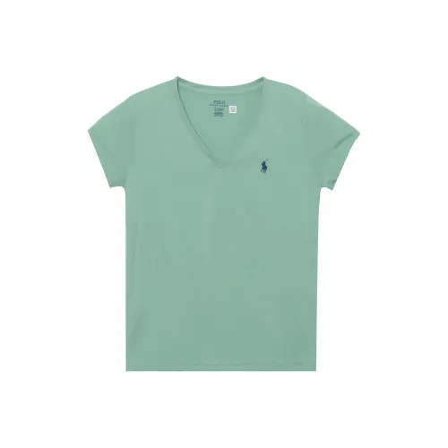 Polo Ralph Lauren Логотип Вышивка Однотонный V-образный вырез Пуловер Короткий рукав Т-рубашка Женская Зеленая