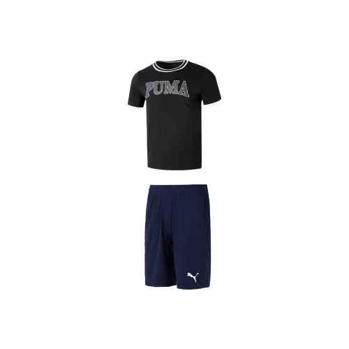 PUMA Clothing Комплект Черная Короткая Рубашка с Короткими Рукавами + Синие Шорты Мужские Повседневные Спортивные