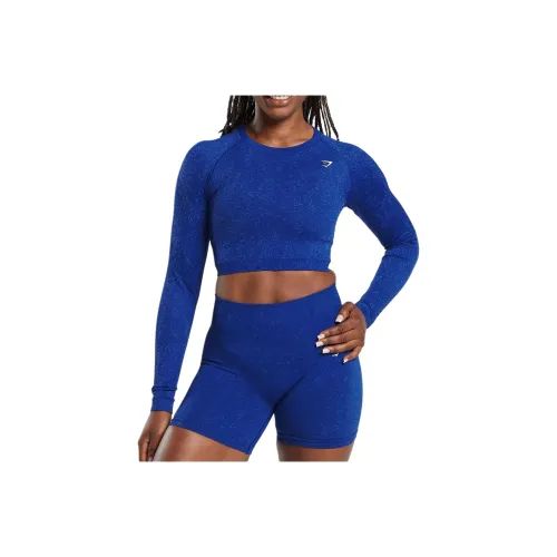 GYMSHARK Adapt FLECK Бесшовный Длинный рукав КРОП ТОП Т Рубашка Женские Кобальтовый синий