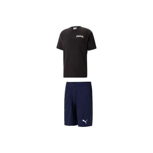 PUMA Clothing Комплект Черная Короткая Рубашка с Короткими Рукавами + Синие Шорты Мужские Повседневные Спортивные