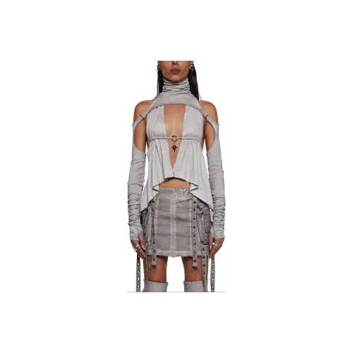 Dolls Kill SS24 DARKER WAVS Frequency Шарф Топ с Шрагом Песочный T Рубашка Женская Серый Серый